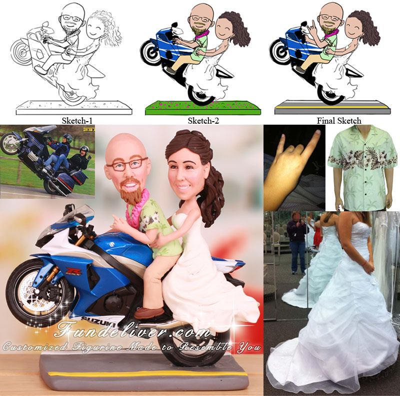 Couple Doing a Wheelie Wedding Cake Topper Motorcycle Theme